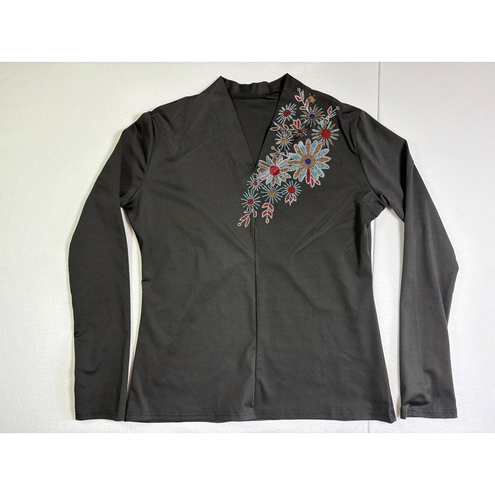Black V-Neck Long Sleeve Top XXL Beaded Floral‎ Embellished Pullover Shirt